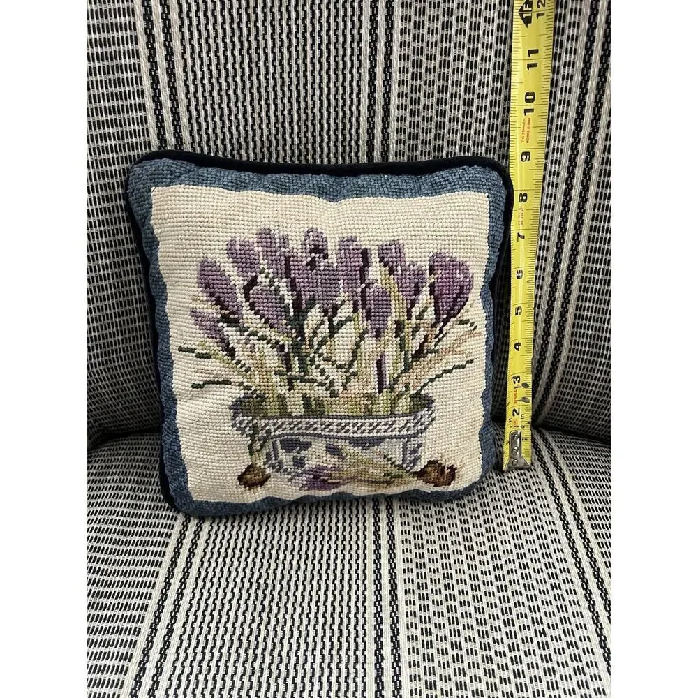 Vintage Needlepoint Wool Tapestry Throw Floral‎ Pillow Neutral Blue Purple 9”
